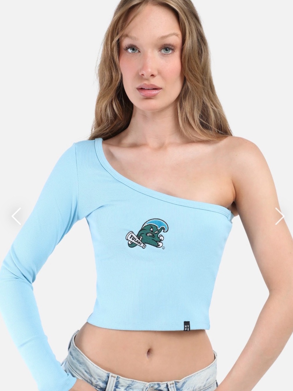 One-Shoulder Light Blue Ribbed Crop Top with Tulane Green Wave Patch